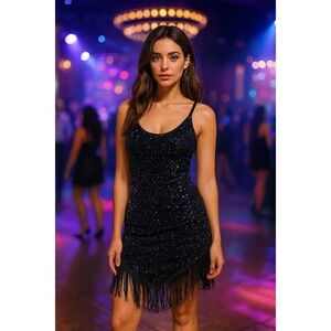 Y2K‎ Fairy Grunge Dress Small Evening Sequin Bodycon Asymmetric Fringe Shimmer
